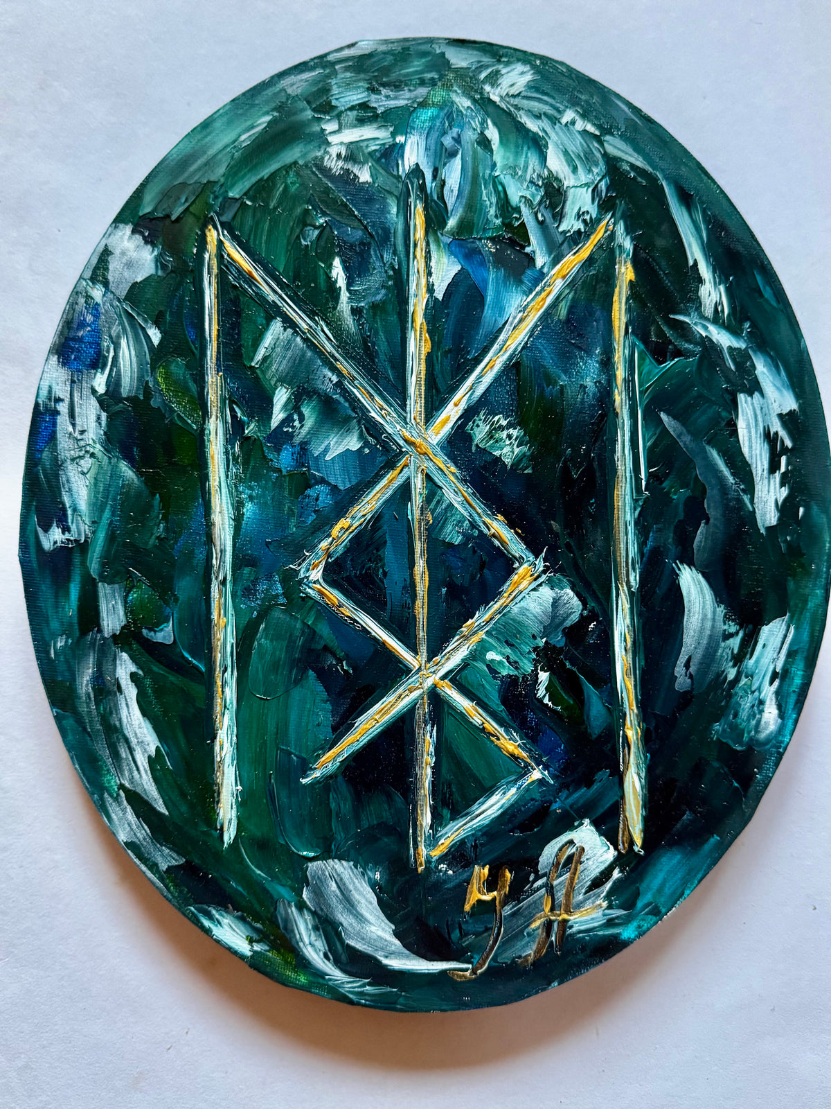 The Path to Prosperity- Original Abstract Rune Painting / Oil on oval canvas · 30 × 23 × 2 cm / Julija Aleskere