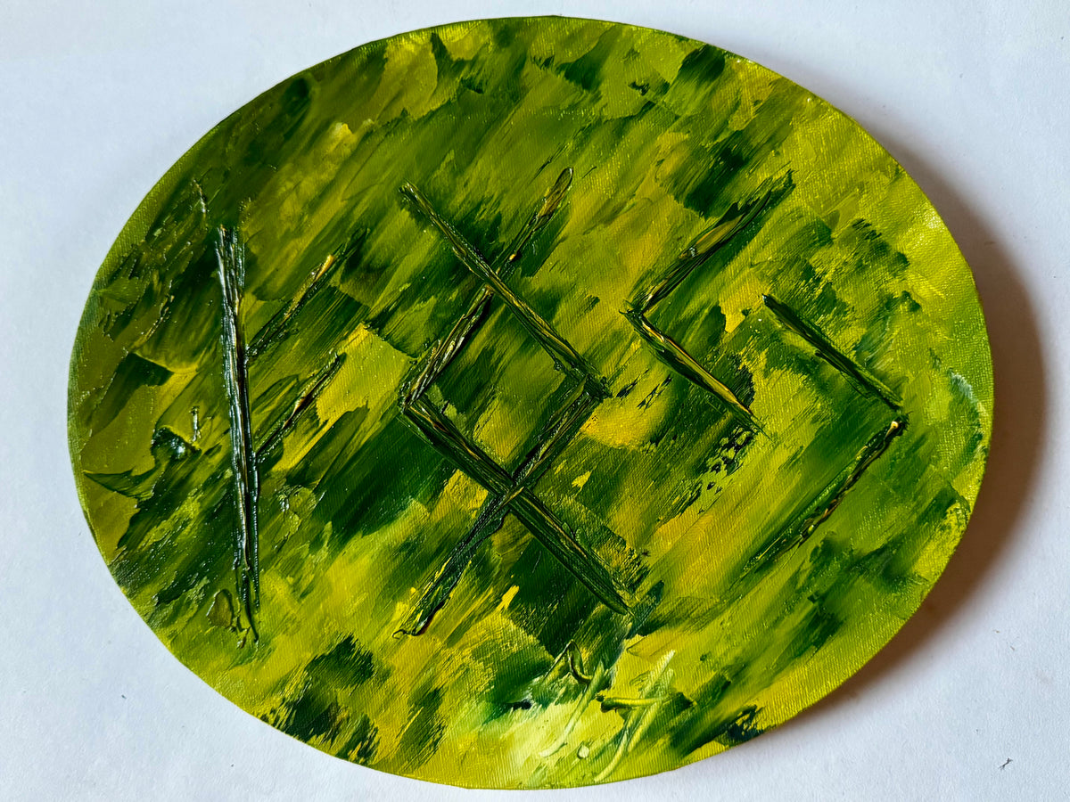 Earth’s Abundance | Original Runic Painting by Julija Aleskere / 30 × 23 × 2 cm. Oil on Oval, horizontal canvas