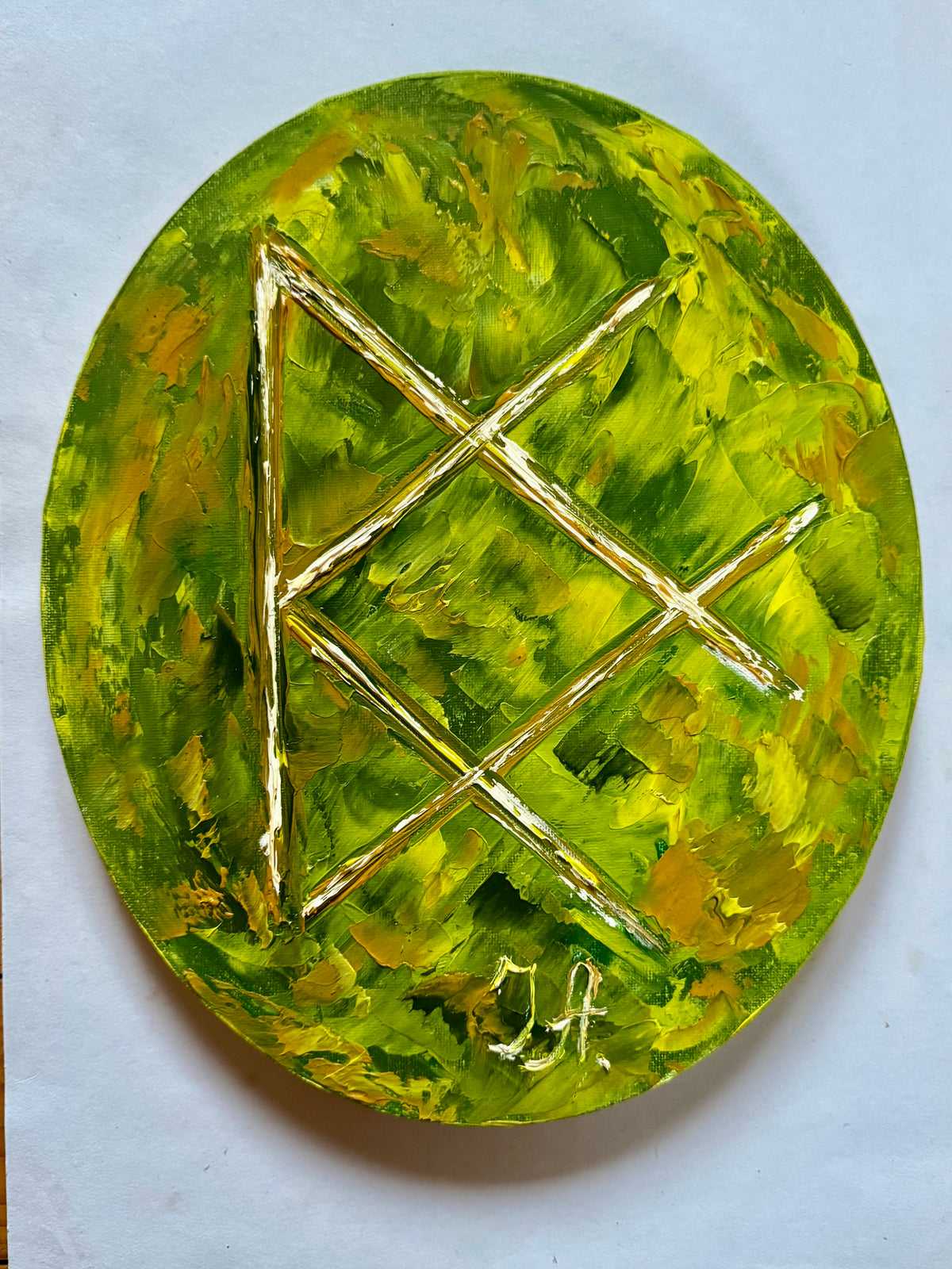 Earthly Love | Original Runic Art by Julija Aleskere 30 × 23 × 2 cm. Oil on oval canvas