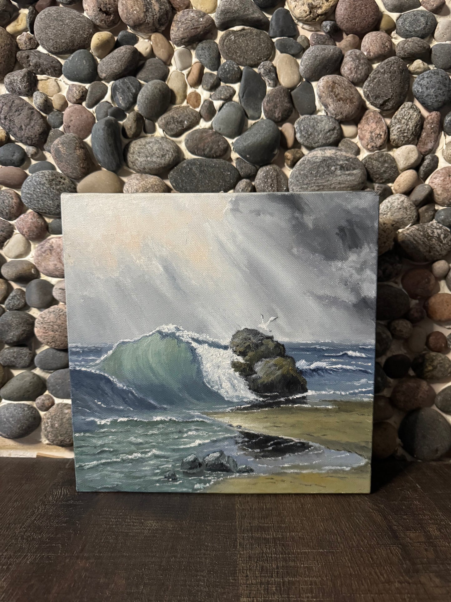 Painting “Lonely Seagull by the Sea”, 26 × 26 cm, Oil on canvas