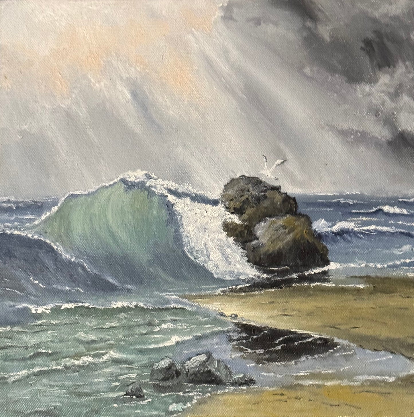 Painting “Lonely Seagull by the Sea”, 26 × 26 cm, Oil on canvas