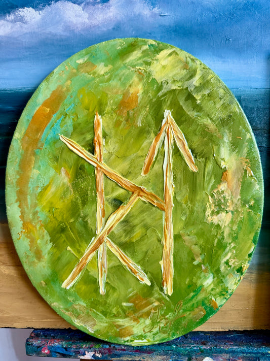 "Path of Rebirth"-  Original runic painting on an oval canvas, oil on canvas.